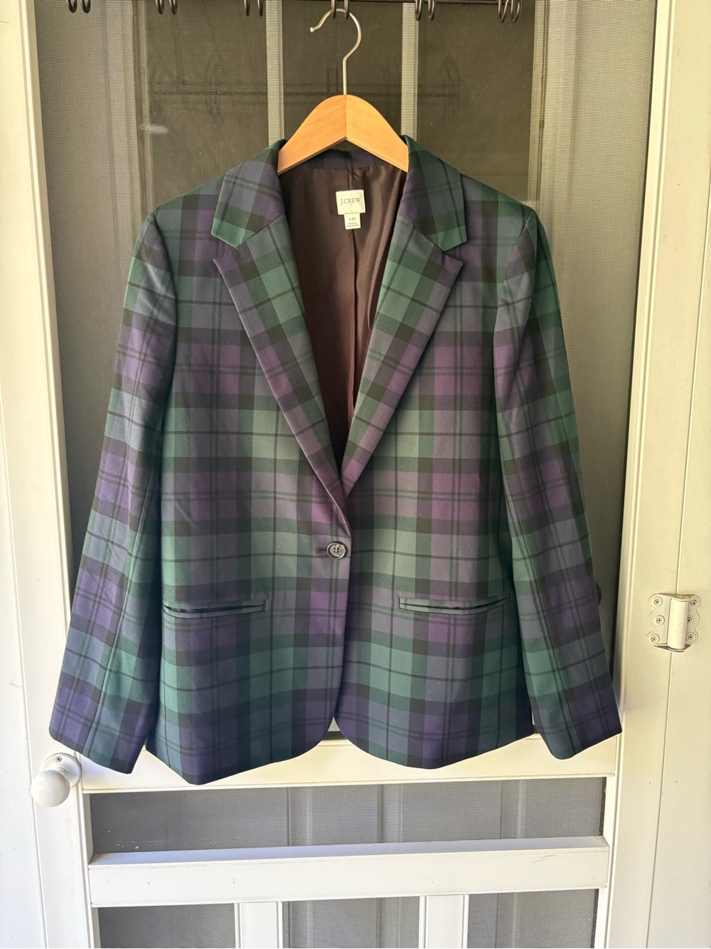 J. Crew Green and Navy Tartan Plaid Single-Button Blazer